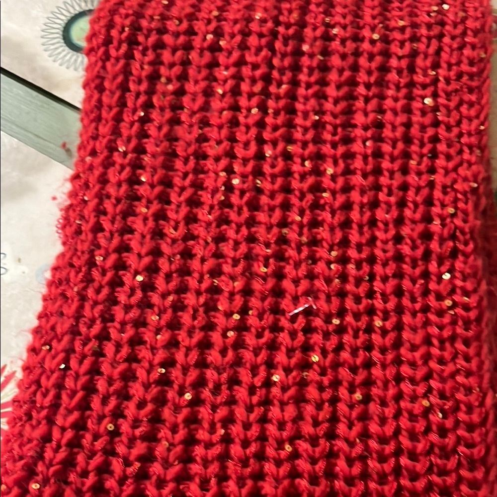 Red Knit Scarf with Gold Accents